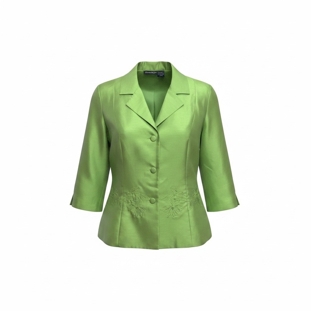 Melissa Harper Lime Green Beaded Floral Blazer 3/4 Sleeve Jacket 16W Preppy